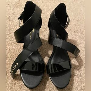 Qupid Black Crisscross Block Heel Sandals